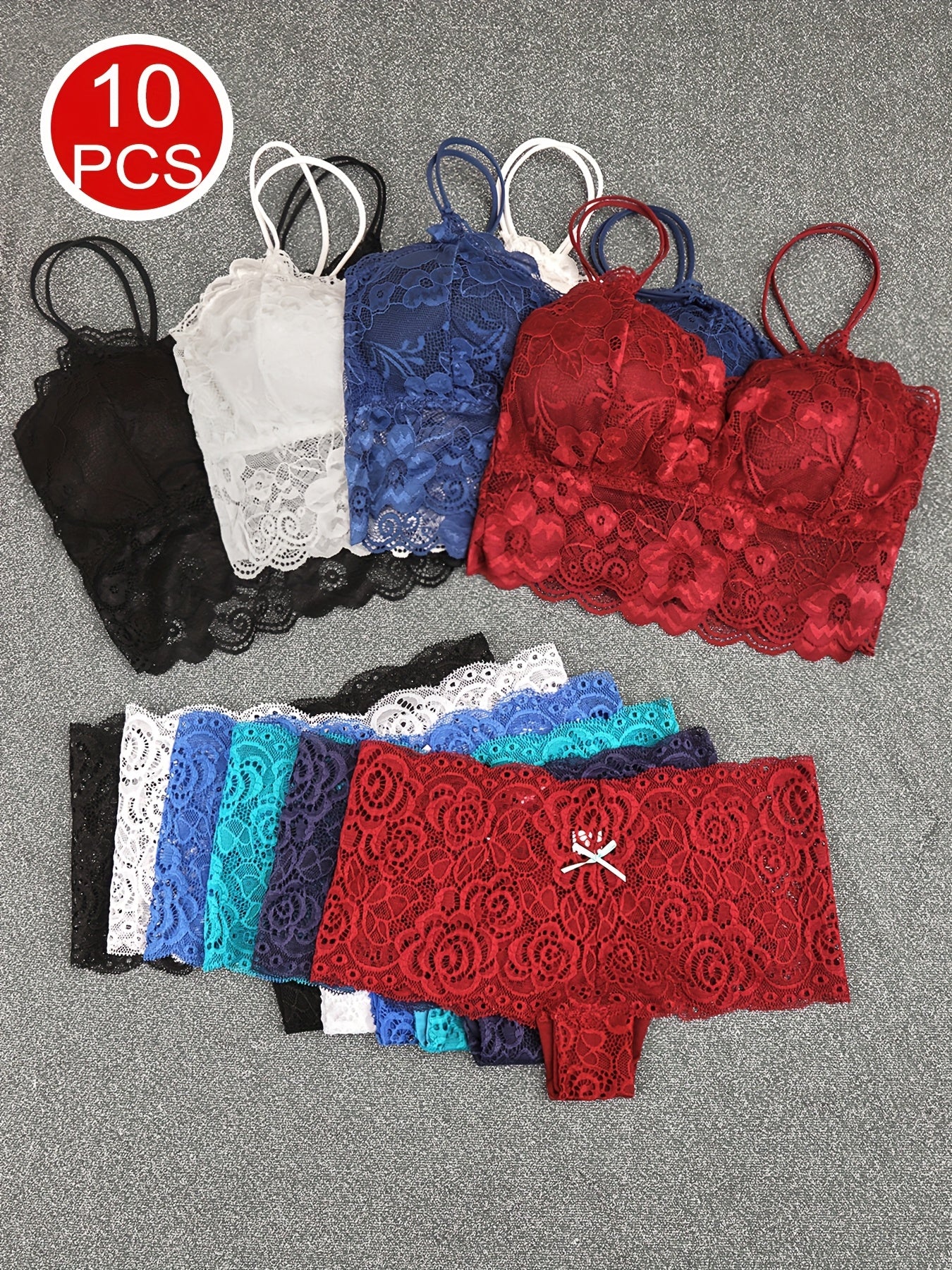 10pcs Women's Lace Trim Bra & Panty Set - 6 Colors, S-XL, Nylon Spandex Blend, Mid-Rise Waist with Bow Design, Comfortable Everyday Lingerie Set, Breathable Underwear & Supportive Bras for Women